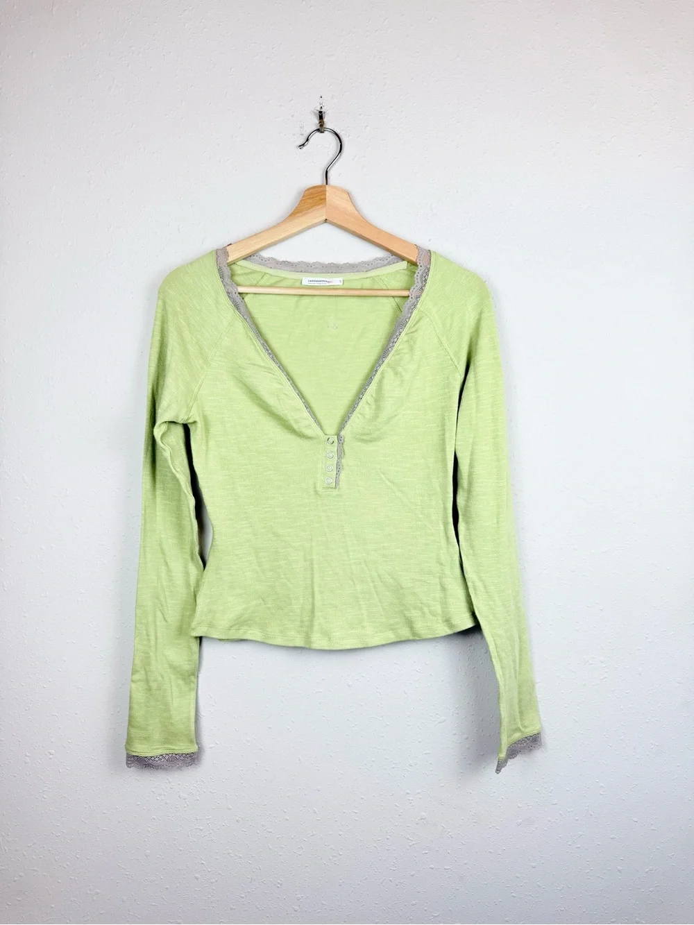 Free People A Little Bit Lace Layering Long Sleeve Green Top Size Large NWT